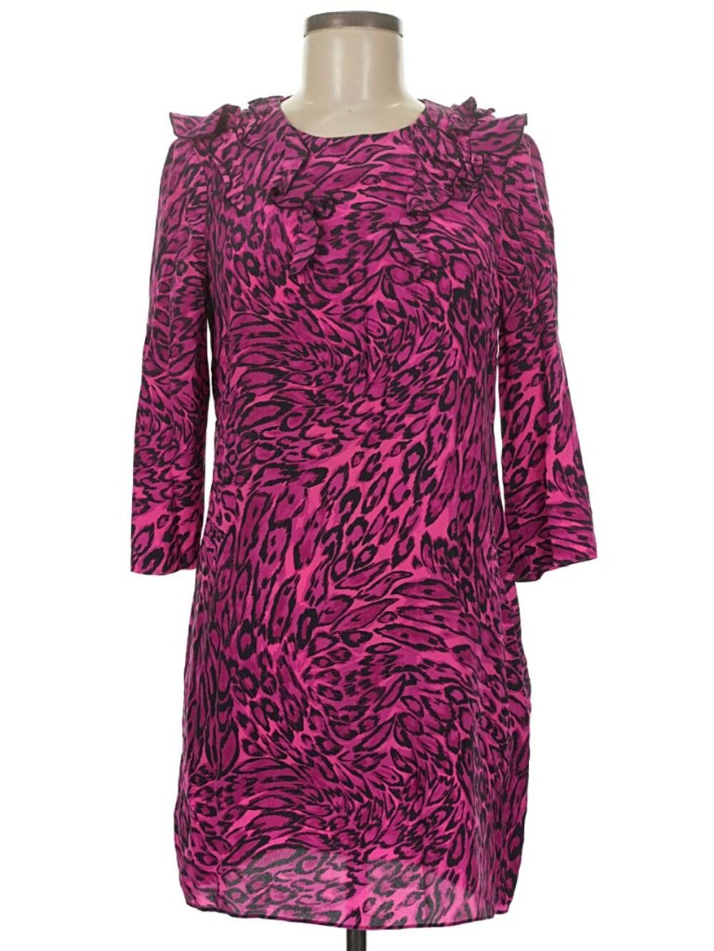 Juicy Couture Hot Pink Silk Leopard Animal Print Ruffle Shift Dress Size 8